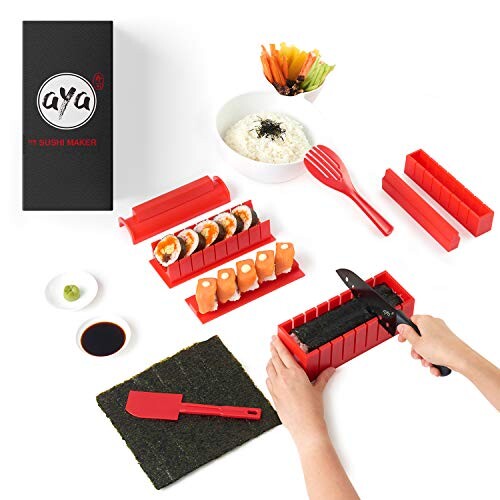 Le Sushi Maker AYA - Appareil et Moules à Sushi - Kit de Préparation à Sushi et Maki - 11 pièces - avec couteau expert pour Sushi - Kit Sushi