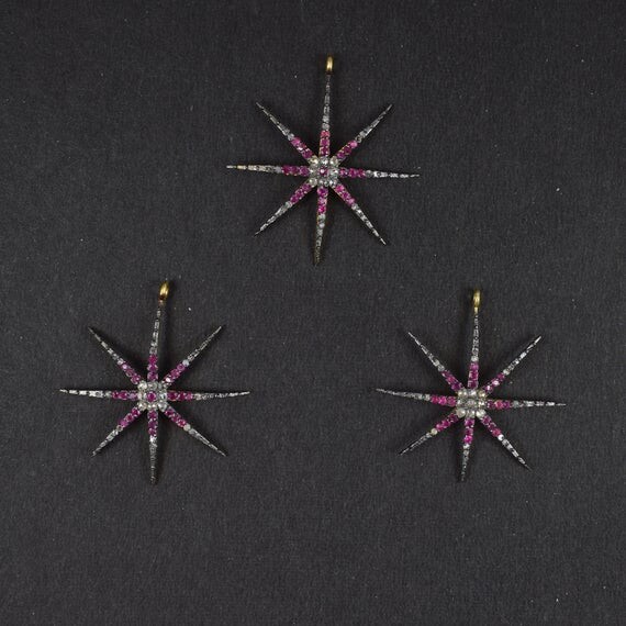 1  Beautiful White Sapphire With Ruby Star 925 Sterling Charm Pendant- Charm Pendant 925 Sterling Vermeil Single Bail Pendant 37mmx25mmDJ131