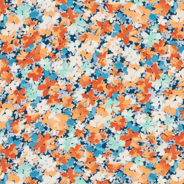 Tissu viscose fleurs mouchetées – terre cuite/bleu - Idéal pour Tuniques