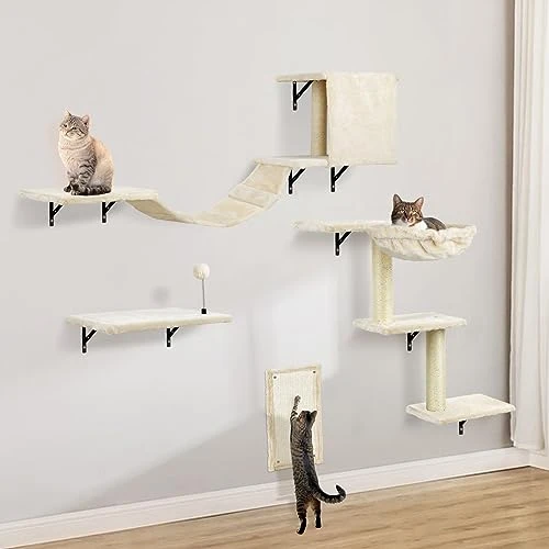 Arbre a Chat Mural, Parcours Mural Chat, Perche, Arbre à Chat lit hamac et griffoir, Poteaux à griffer, Meuble Mural pour Dormir, Jouer, Escalader et Se Détendre