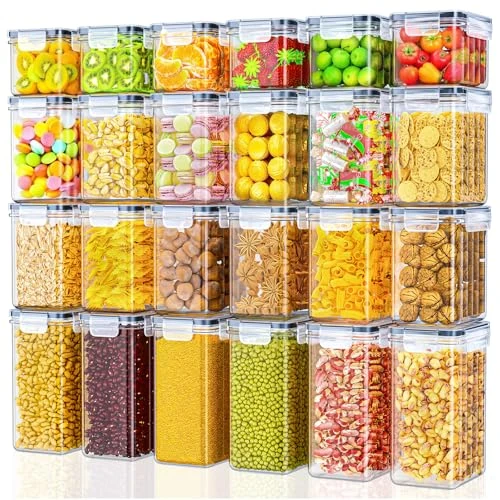 Storivo Food Dispensers - Lot de 24 Boîtes Hermétiques avec Couvercle, Organisateur Cuisine pour Farine/Sucre/Céréales, Avec Étiquettes &amp; Marqueurs (33,6L-Version Améliorée)