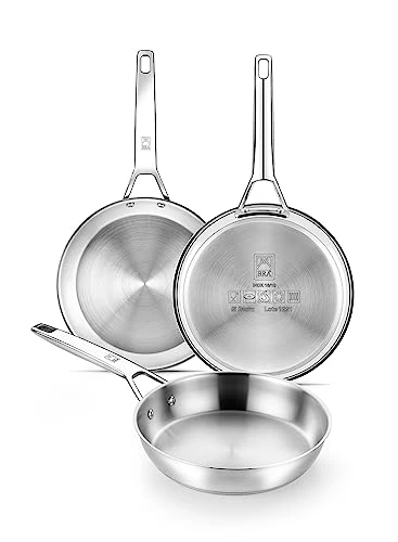 BRA Signature | Lot de 3 poêles en acier inoxydable 18/10 professionnel sans revêtement antiadhésif, triple fond diffuseur, tous feux dont induction, finition polie brillante, 20-24-26 cm
