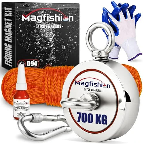 MAGFISHION Aimant Neodyme Puissant - Traction de 700KG (2 x 350kg) - Aimant de Pêche - Ø94mm - Peche a l'aimant avec de Corde (20M) et Gants - Kit de Pêche Super Magnétique