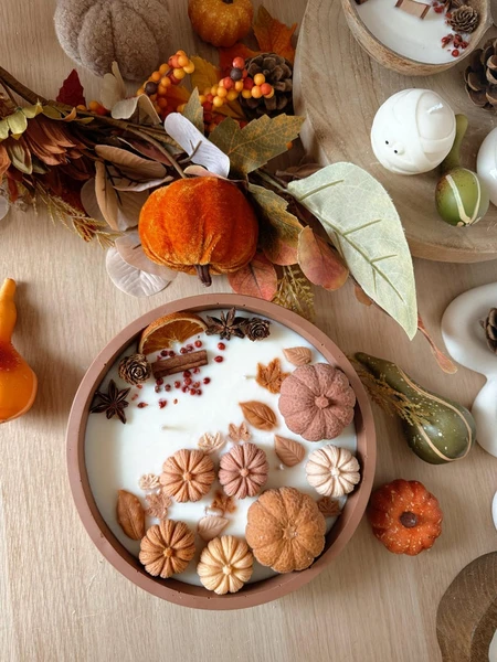 Enorme bougie d’automne pot fait main en jesmonite décoré