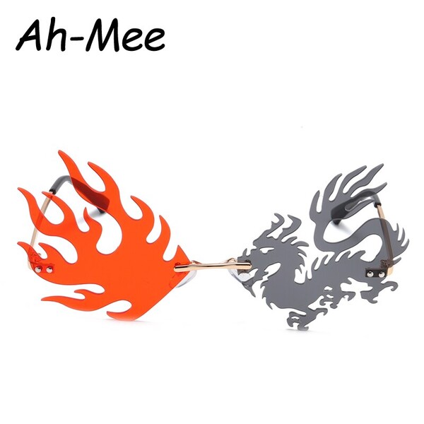 Gafas de sol – lunettes de soleil Punk sans bords pour hommes et femmes, uniques, à la mode, rouge, noir, Dragon flammé