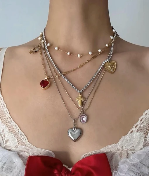 Vintage Elegant Heart Charm Cross Charm Zircon Charm Pearl Five-in-One Layered Necklace, Y2K Layered Necklace, Perfect Handmade Gift for Her