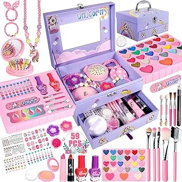 Maquillage Enfant Jouet Filles, 59pcs Lavable Malette Maquillage Jouet, Coffret Maquillage Enfant Filles Makeup Set, Cadeau de Noël d’Anniversaire pour Les Filles de 4 5 6 7 8 9 10+ Ans