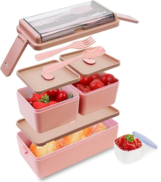 Bugucat Lunchbox,Boîte à Bento 1400ML Boîte à Déjeuner Bento Box Avec 3 Compartiments et Couverts,Boite Bento pour Chauffage au Four à Micro-ondes, Boîte à Repas en Plastique pour Enfant Adult,Rosa