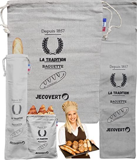 JECOVERT Sac à Pain en Lin | Kit Réutilisable écologique pour Boulangerie Rangement Alimentaire Pochon Courses Filet Baguette, Brioche, Banneton Nourriture Stockage Longue Conservation | Lot de 2 sacs