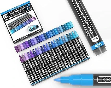 TOOLI-ART marqueur acrylique Ensemble de 22 marqueurs assortis de la série Pro Color, pointe extra fine de 0,7 mm pour la peinture rupestre, le verre, les tasses, le bois, la toile, non toxique(bleu)