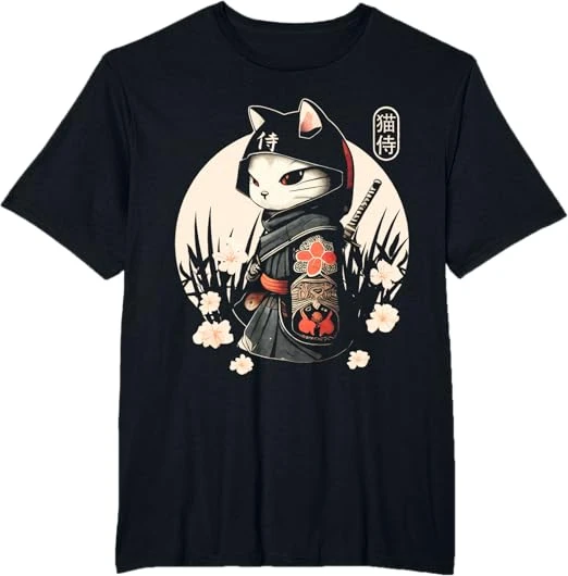 CUTE NINJA KITTEN Chat Samurai Japonais pour les Amoureux des Chats T-Shirt Noir Unisexe Casual Manche Courte Col Rond à Enfiler Coupe Classique Léger Imported