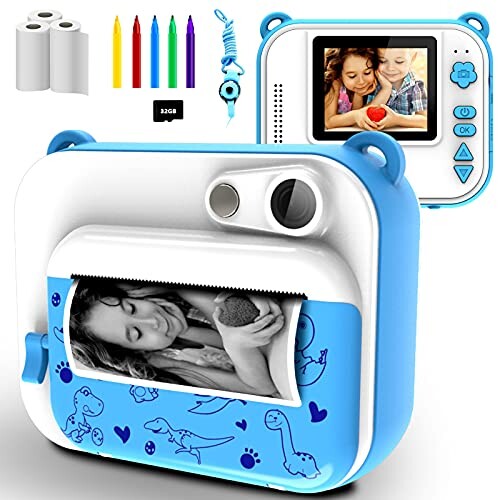 Appareil Photo Enfants à Impression Instantanée avec Papier d'impression, Caméra Jouet Numérique 1080P HD avec écran de 2,0 Pouces, Carte TF 32 Go, Cadeau pour Filles Garçons 3-12 Ans（Bleu）…