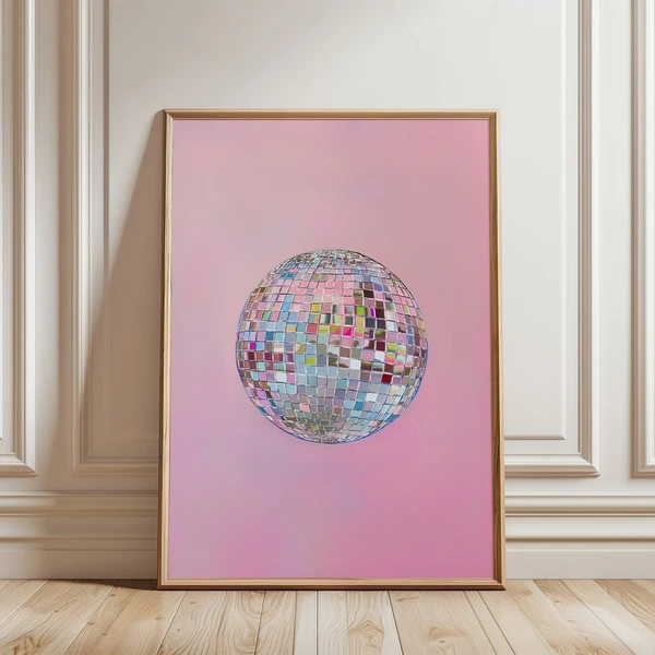 Printable Wall Art, Silver Disco Ball Maximalist Painting, Bright Pastel Pink Girly Poster, Trendy Dopamine Decor, Mirror Ball Preppy Print