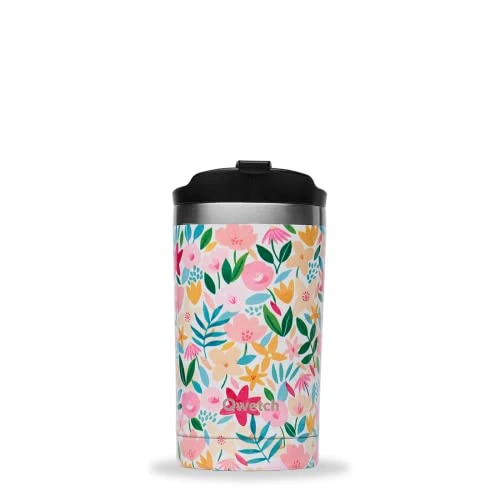 QWETCH - Travel Mug Isotherme - Flora Rose 300ml - Thermos Café &amp; Thé en Inox - 6h Chaud et 12h Froid - Sans BPA, Étanche, Double Paroi