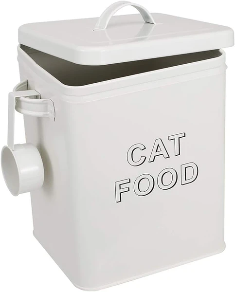 Pethiy Boîte de Rangement pour nourriture et friandises animaux-Conteneur Croquette Chat Avec une pelle -Couvercles en hermétiques-Acier carbone revêtu-Capacité 2,5 kg nourriture Boîtes -Blanc