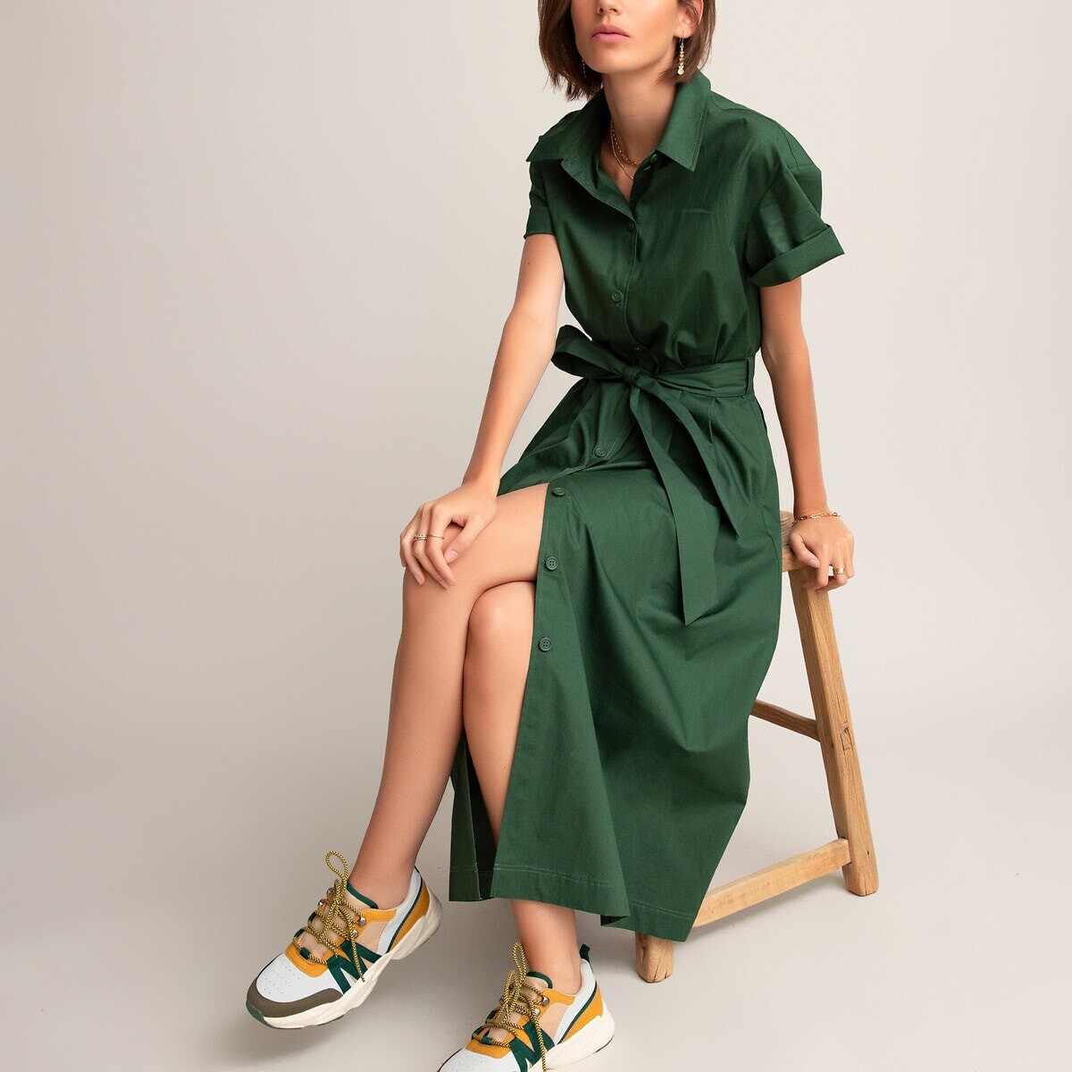 Robe-chemise longue évasée en pur coton 
