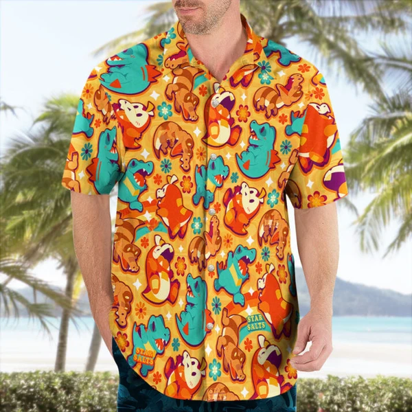 Totodile Crocodile Rock Button Up Hawaiian Shirt – Retro Tropical Party Style - Tropi Hawaiian Shirts