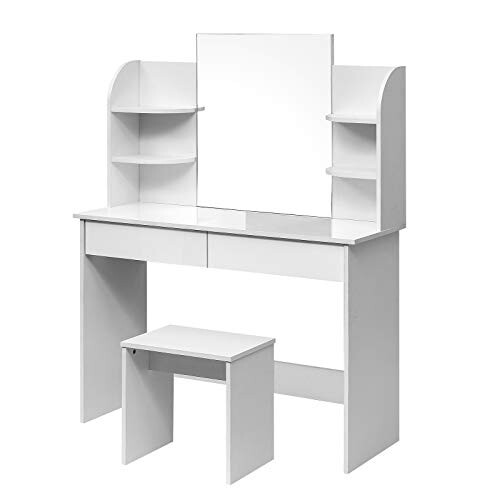 WOLTU MB6044ws Coiffeuse Table de Maquillage avec Miroir Plateau avec Tabouret, 108x40x142cm, Blanc