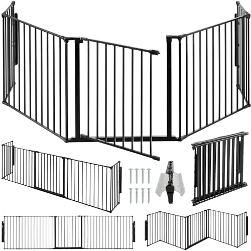 tectake® Barrière de Sécurité Clôture Cheminée pour Enfant Chien Chat Pare-Feu Bébé Barrière escalier Barrière Cage Pare-feu Grille de Protection 5 Panneaux Pliable - Noir