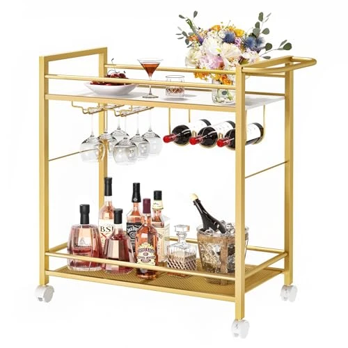 LELELINKY Chariot de service moderne avec roulettes - Avec espace de rangement - Avec étagère à vin et porte-verres à vin - Pour cuisine, salon et salle à manger, bar, fête - Doré