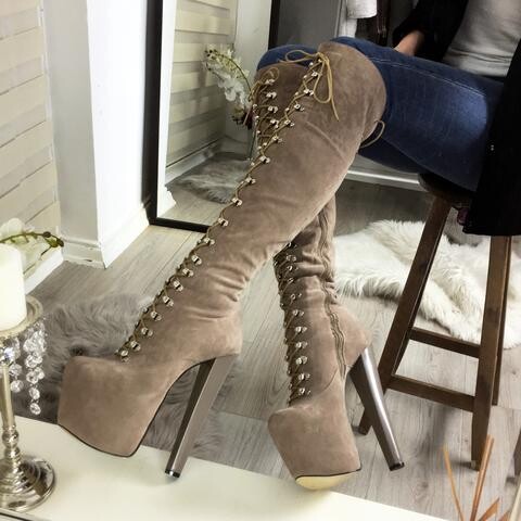 Beige Lace Up Over The Knee Boots