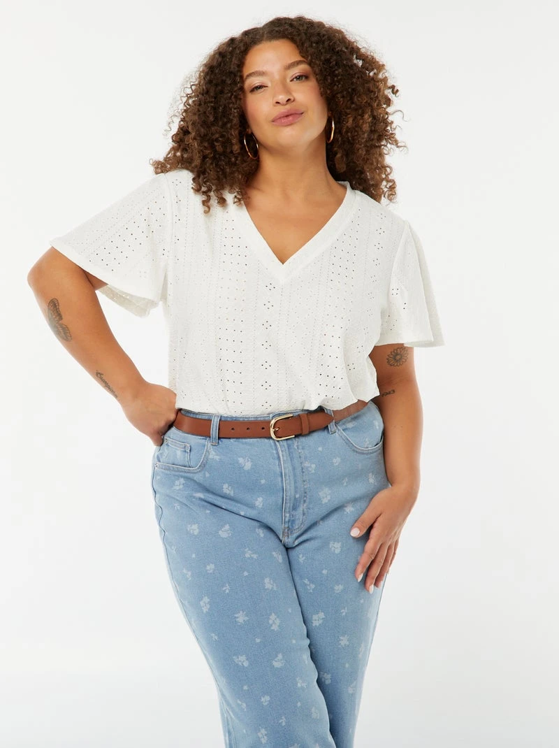 T-shirt maille ajourée avec manches courtes chauve-souris