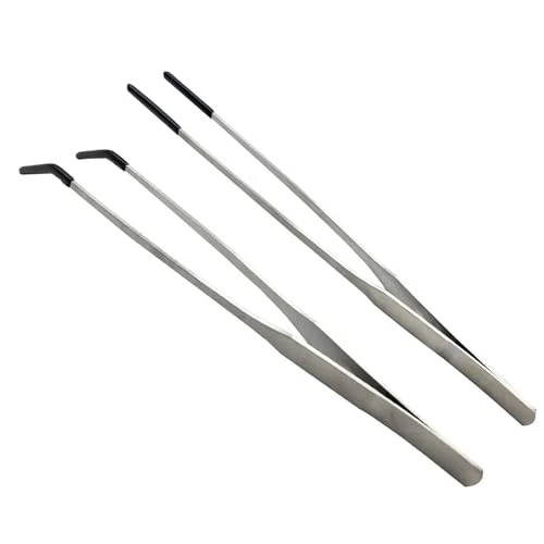 Lot de 2 pinces à épiler en acier inoxydable pour aquarium - Avec pointes en caoutchouc - Longue poignée - Pour l'alimentation des reptiles - Pour poissons, aquariums et plantes aquatiques - Argenté
