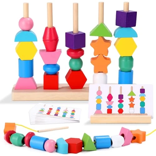 LEAZZLE Montessori Jouet,2 en 1 Pédagogique Empilable Jouet Y Enfiler Jouet Jeux D'activité et de Développement Empiler et de Tri, Educatif Jeu pour Bébé Enfant