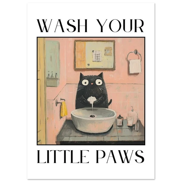 Lavez vos petites pattes Black Cat, poster en papier mat haut de gamme, jolie affiche de salle de bain, impression de salle de bain, affiches d'art de chat, impression de chat, impression sans cadre
