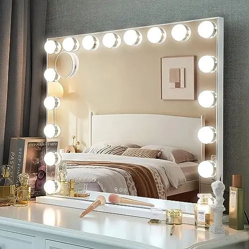 YU YUSING Hollywood Miroir Maquillage Lumineux, Miroir LED 18 Lumières Dimmables 80X62.5cm, Miroir Coiffeuse Contrôle Tactile 3 Couleurs Montage Mural