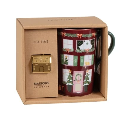Coffret tisanière en céramique imprimé maison de Noël multicolore et boule à thé maison en inox