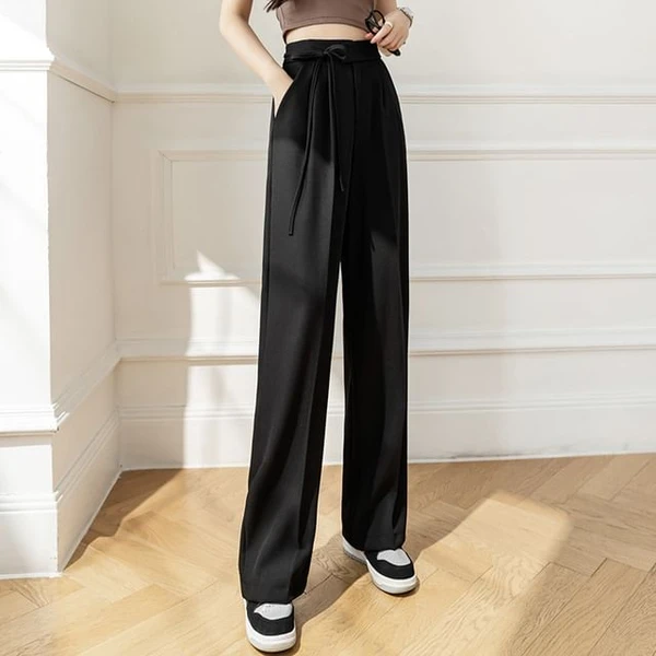 Pantalon de costume taille haute uni à jambe large et à nouer