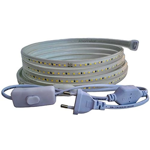 Ahorraluz Bande 220v 2835 120 Led/m Haute LUMINOSITÉ, avec interrupteur, étanche blanc froid/neutre/chaud étanche IP67 Strip (Blanc Froid, 0,5M)