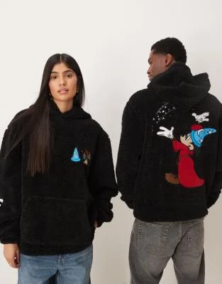 ASOS DESIGN - Disney - Sweat à capuche unisexe décontracté en imitation peau de mouton à imprimés Mickey Mouse et Fantasia - Noir