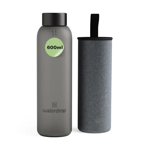 waterdrop® Bouteille en Verre 600ml – Gourde Réutilisable en Verre Borosilicate avec Bouchon Bambou et Housse, Sans BPA, Étanche, Idéale pour Maison, Bureau, Sport, Voyage