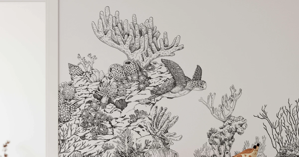 Papier peint panoramique tortue et corail – Fonds marins
