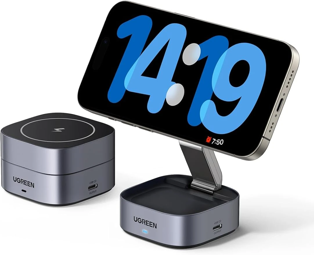 UGREEN MagFlow Chargeur Induction iPhone 2 en 1 Qi Compatible avec MagSafe iPhone 17 16 15 14 13 12 Air Plus Pro Max AirPods 4 3 Pro 3 2 1 Chargeur sans Fil Magnétique Rapide Pliable Angle Réglable