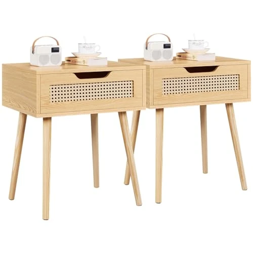 Yaheetech Lot de 2 Tables de Chevet Scandinave Table de Nuit en Bois Chevet de Lit Chambre Adulte Table d'Appoint 1 Tiroir en Rotin pour Salon 48,5 x 41 x 58 cm