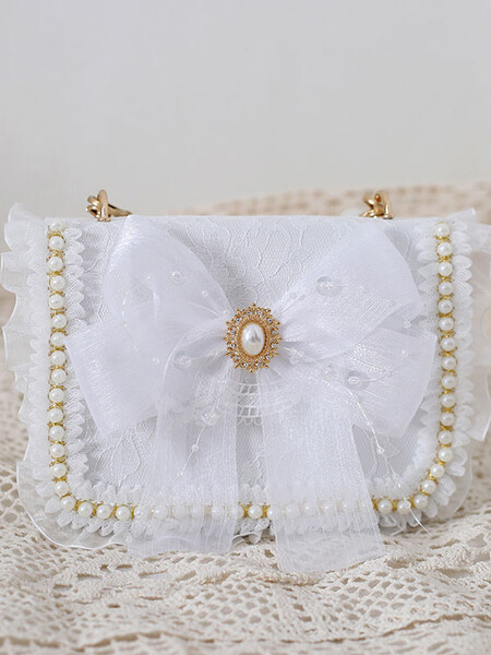Sac à main Sweet Lolita Bow Perles blanches Bows Sac à bandoulière en dentelle PU Cuir Accessoires Lolita