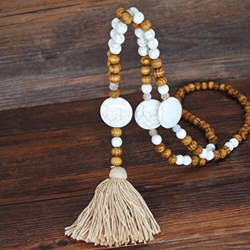 Gros Long Collier Femme, Collier Pendentif Pompon Perle Bois Naturel, Boheme Ethnique Style (Ronde)