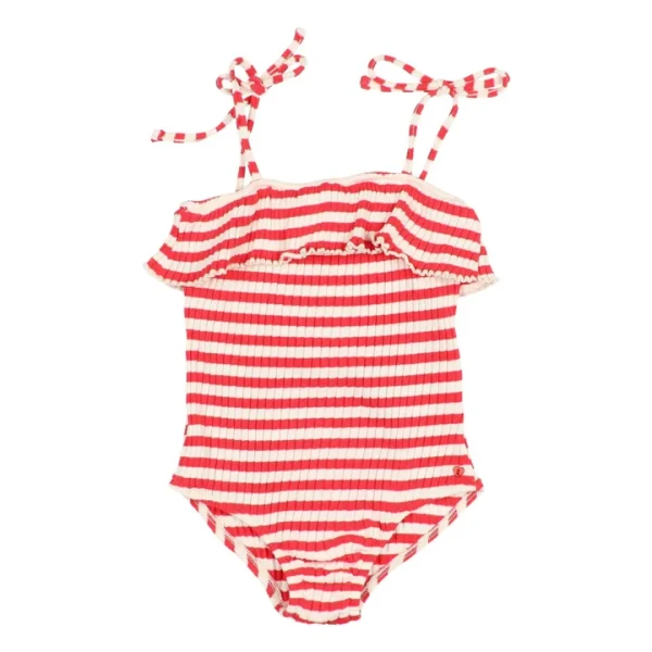 Búho - Maillot de Bain Côtelé Rayures Coton Bio - Rouge vermillon | Smallable