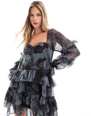 ASOS DESIGN - Robe courte à volants et corset effet étagé - Violet sombre fleuri | ASOS