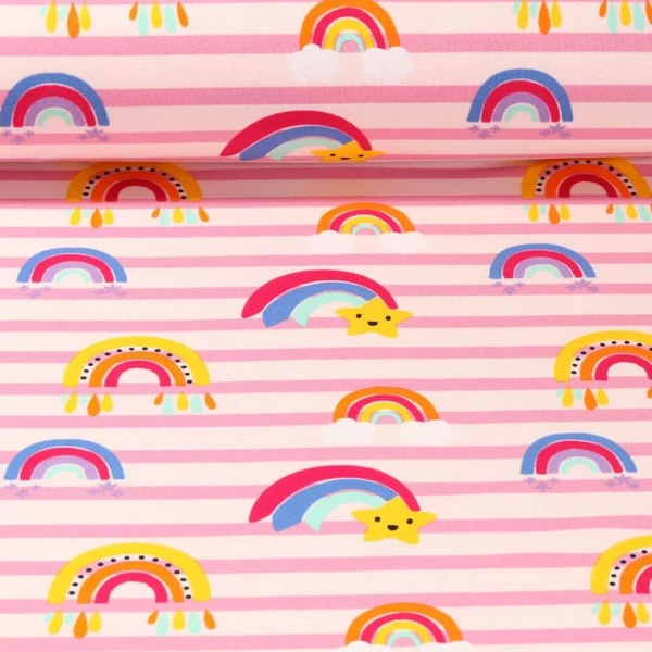 Sweat - French Terry Arcs-en-ciel Rayures Vieux rose Gratté