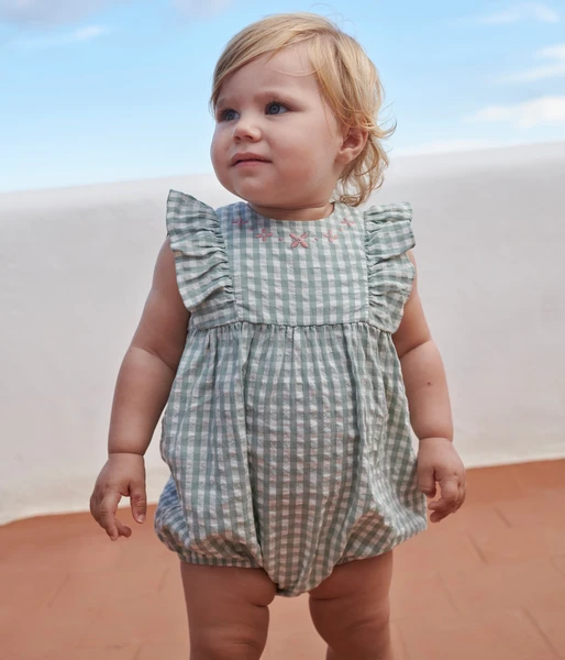 Barboteuse bébé en coton sans manches, imprimé vichy et col brodé