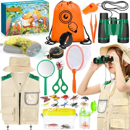 POWZOO Kit Exploration Enfant,21 pcs Ensemble Explorateur Extérieur Jouets,avec Gilet et Chapeau,Jumelles,Boussole,loupe et Plus Encore,Cadeau d'exploration de la Nature et d'aventure pour Enfants.