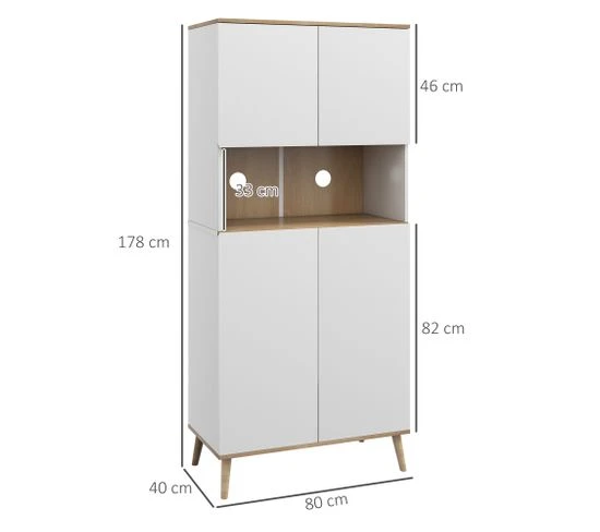 Buffet Haut 4 Portes 3 Étagères Grande Niche Bois Pin Blanc Effet Chêne Clair
