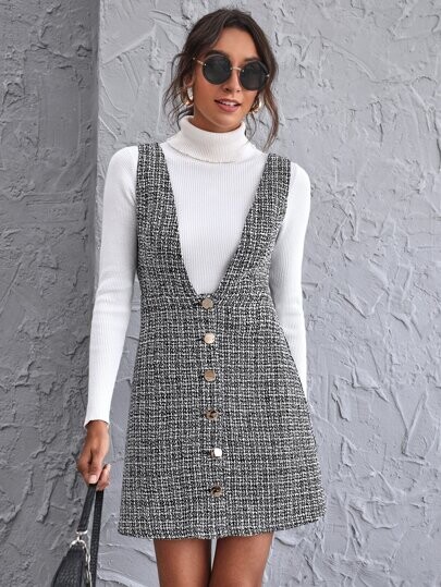 Robe chasuble en tweed avec boutons