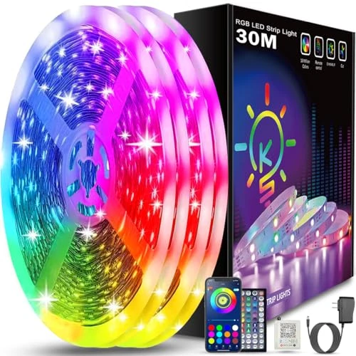 Keepsmile Ruban Led 30m (15mx2), Led Chambre Bluetooth, Bande Led Contrôlé par Télécommande APP, Guirlande Lumineuse Décoration Chambre Led Bureau