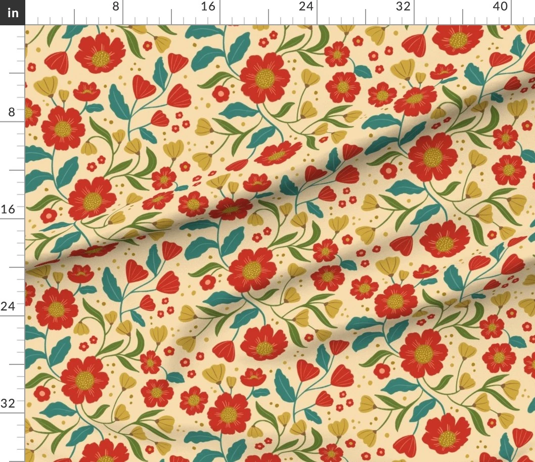 Fabric in Big Flowers on Vine in Bold Red with Mustard and Turquoise on Cream