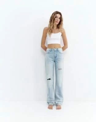 Pull&Bear - Jean droit à taille mi-haute - Bleu clair
